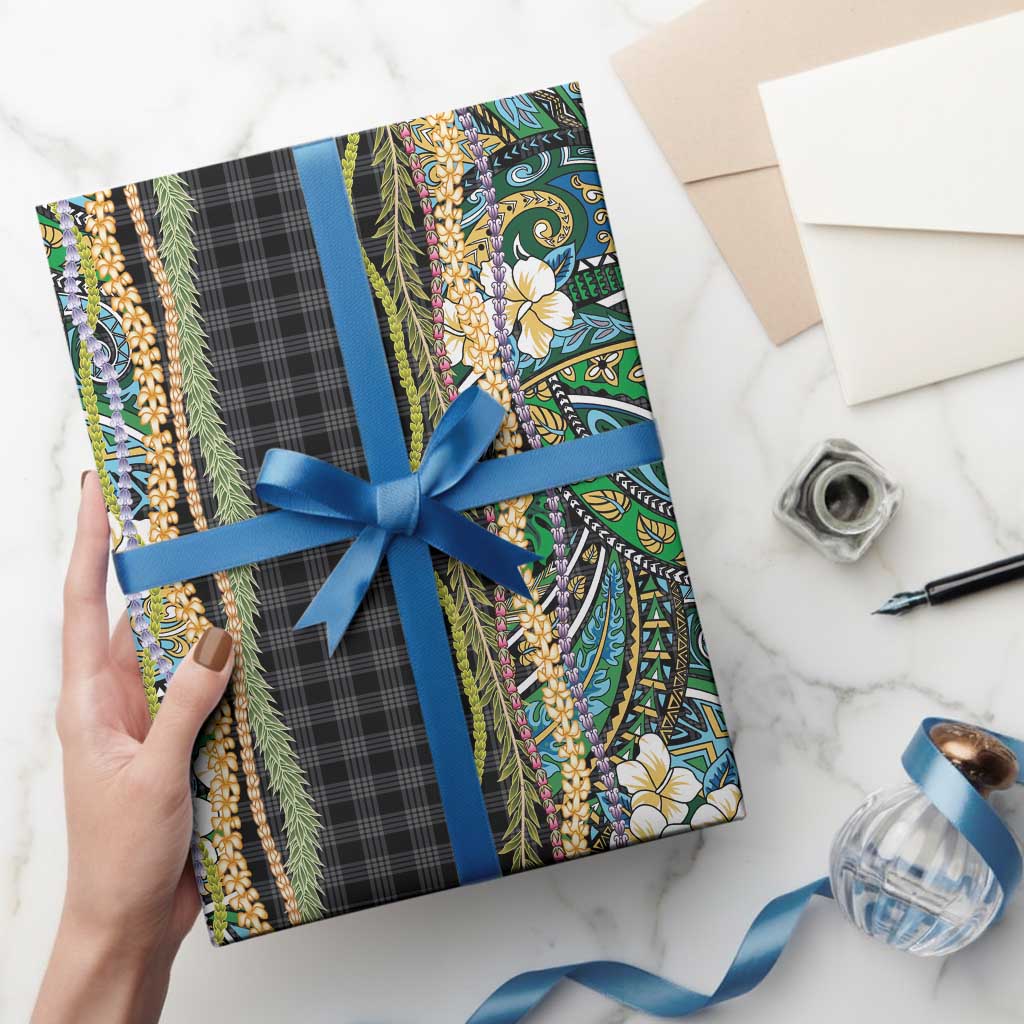 Hawaiian Art Flower Tribal with Lei Wrapping Paper Palaka Pattern Black Color LT03 - Polynesian Pride