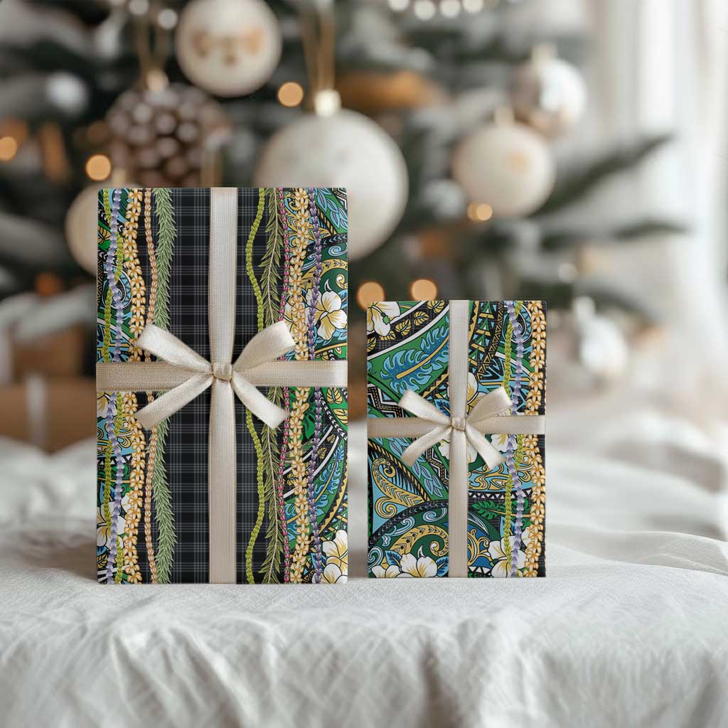 Hawaiian Art Flower Tribal with Lei Wrapping Paper Palaka Pattern Black Color LT03 - Polynesian Pride