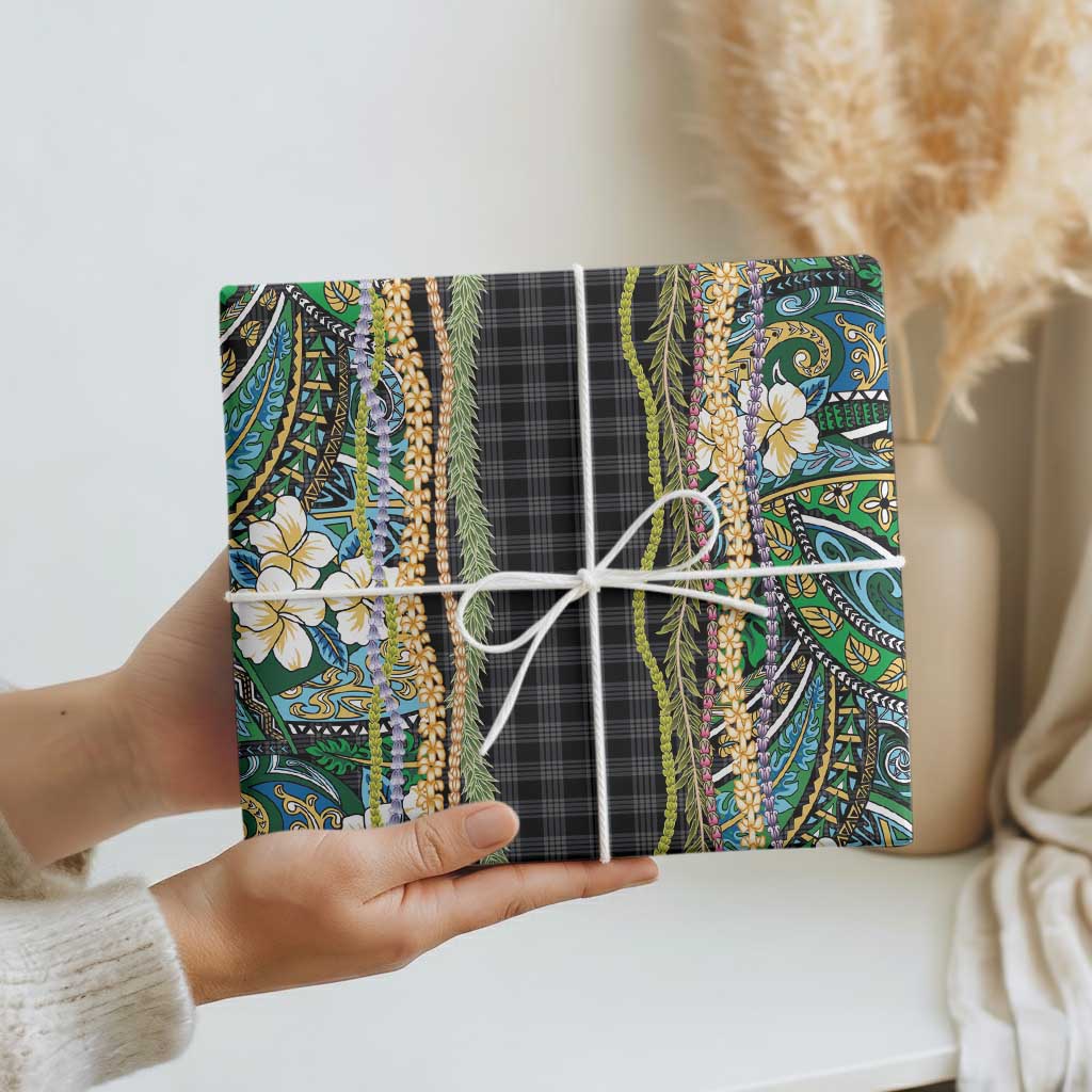 Hawaiian Art Flower Tribal with Lei Wrapping Paper Palaka Pattern Black Color LT03 - Polynesian Pride
