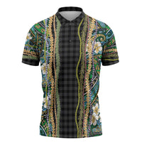 Hawaiian Art Flower Tribal with Lei Zipper Polo Shirt Palaka Pattern Black Color - Polynesian Pride