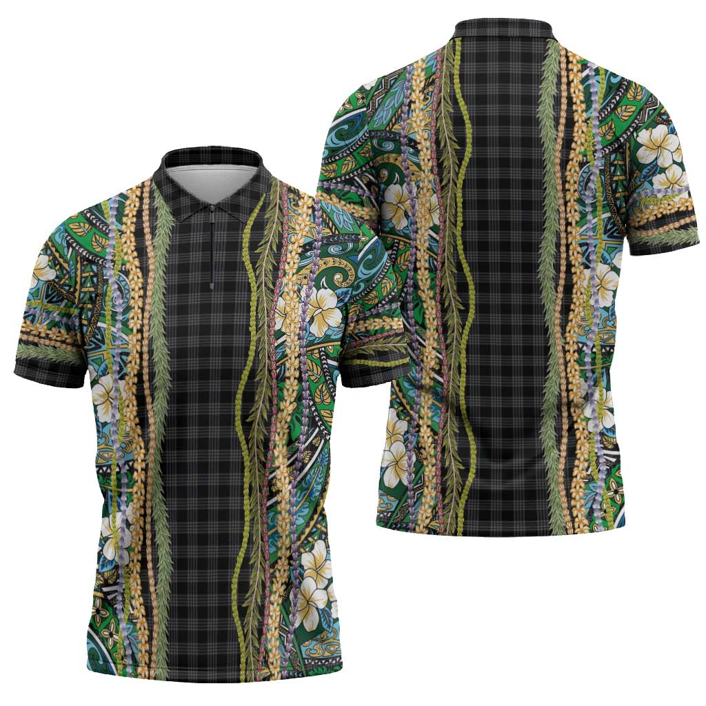 Hawaiian Art Flower Tribal with Lei Zipper Polo Shirt Palaka Pattern Black Color - Polynesian Pride
