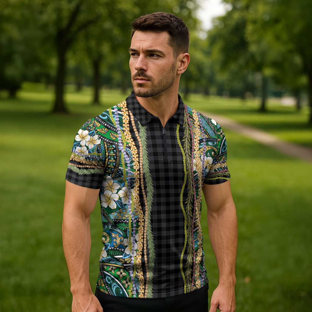 Hawaiian Art Flower Tribal with Lei Zipper Polo Shirt Palaka Pattern Black Color - Polynesian Pride