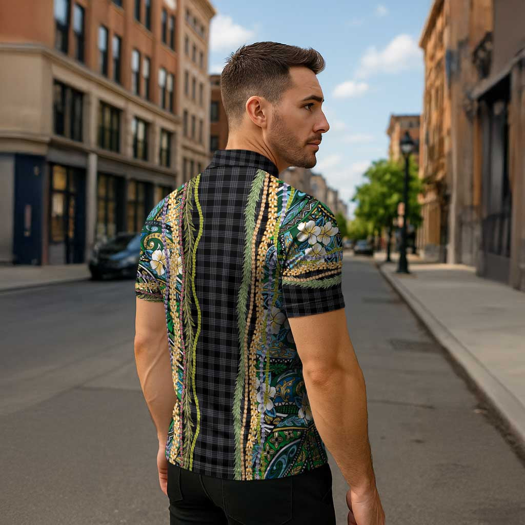 Hawaiian Art Flower Tribal with Lei Zipper Polo Shirt Palaka Pattern Black Color - Polynesian Pride