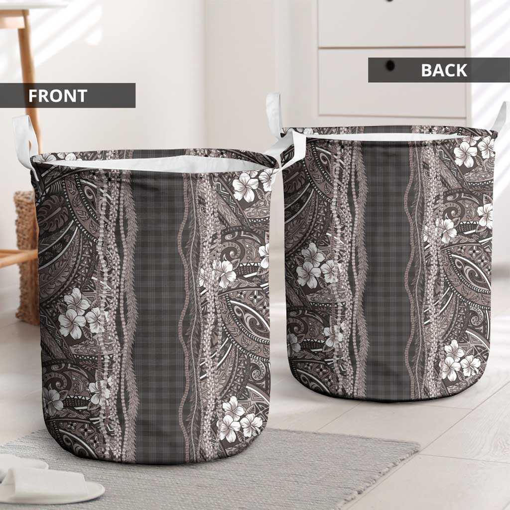 Hawaiian Art Flower Tribal with Lei Laundry Basket Palaka Pattern Grayscale LT03 - Polynesian Pride