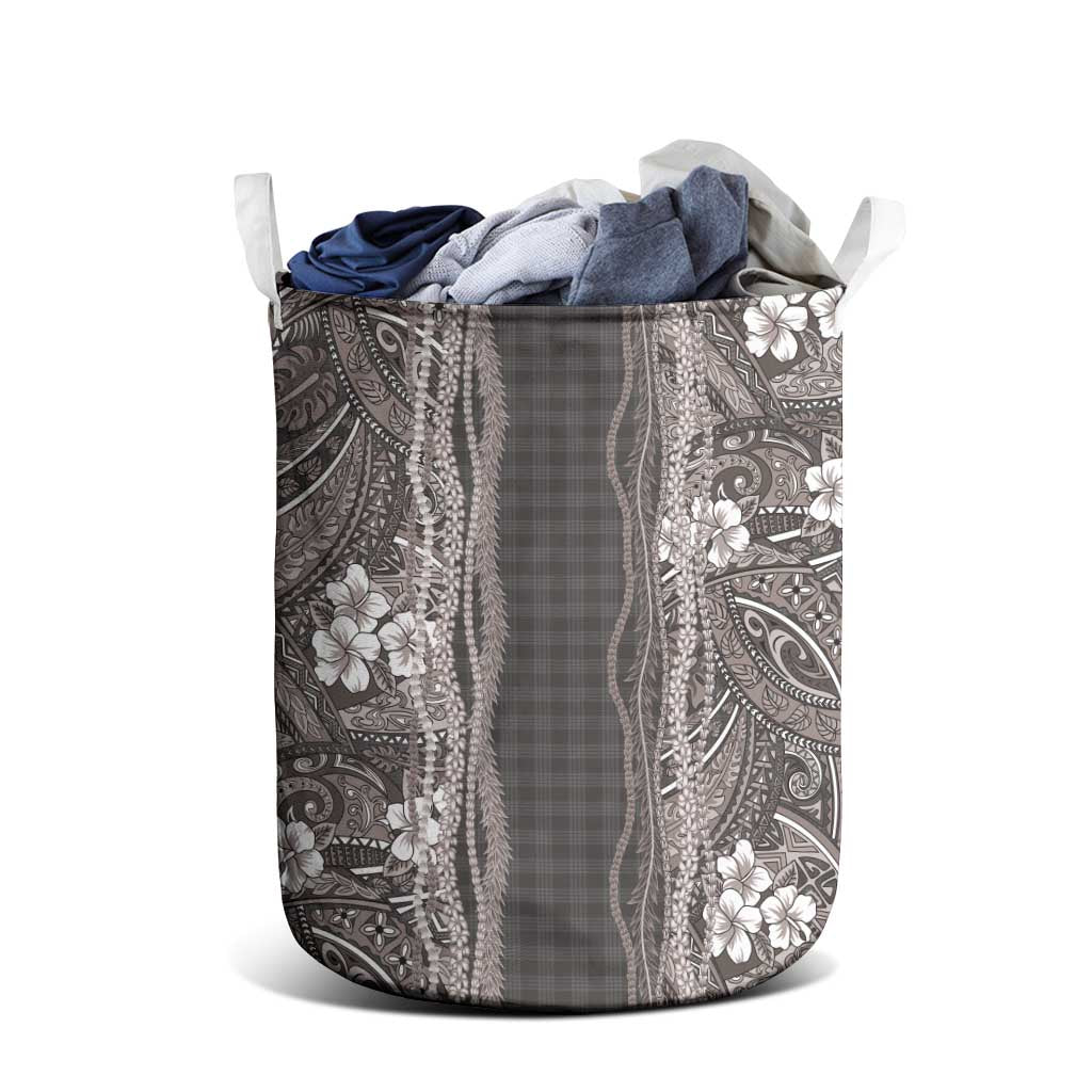 Hawaiian Art Flower Tribal with Lei Laundry Basket Palaka Pattern Grayscale LT03 - Polynesian Pride