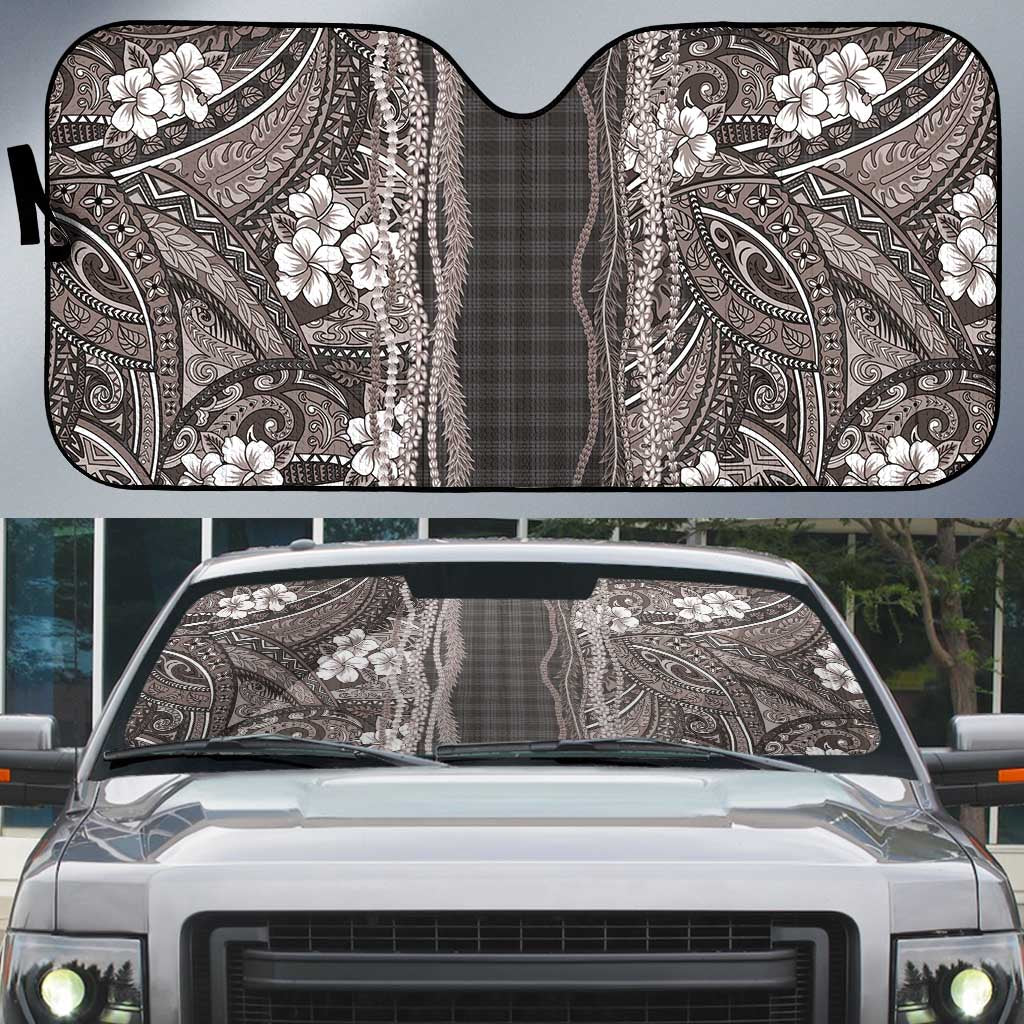 Hawaiian Art Flower Tribal with Lei Auto Sun Shade Palaka Pattern Grayscale LT03 Gray - Polynesian Pride