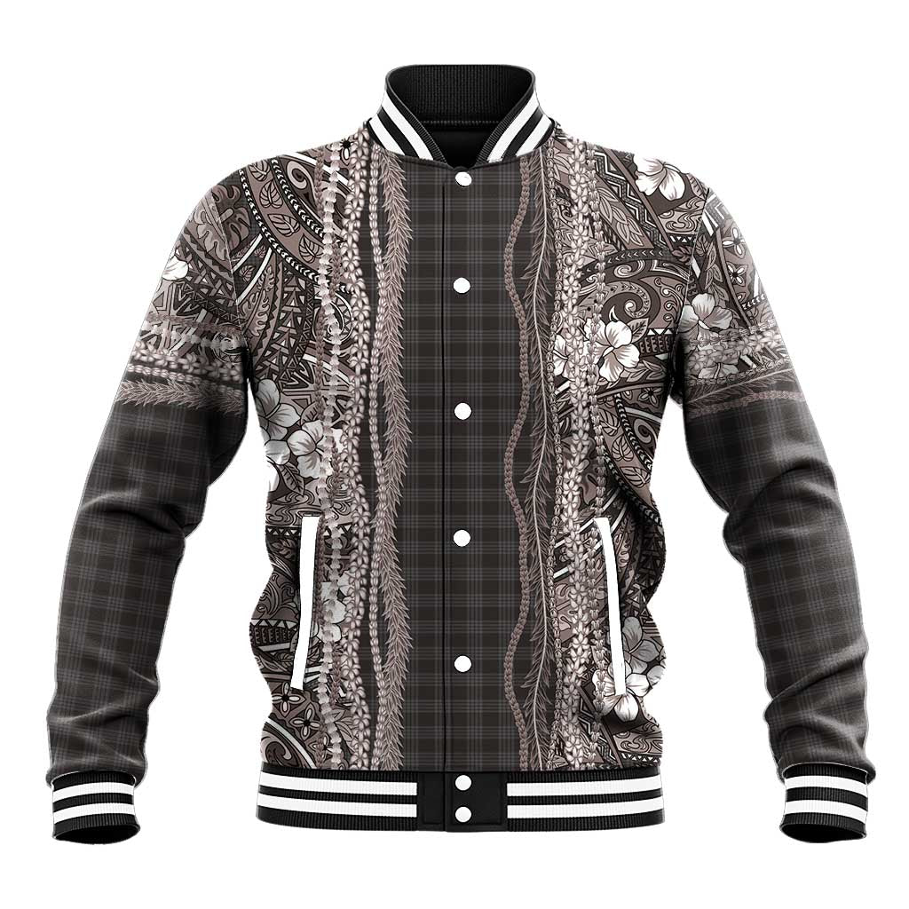 Hawaiian Art Flower Tribal with Lei Baseball Jacket Palaka Pattern Grayscale LT03 Unisex Gray - Polynesian Pride
