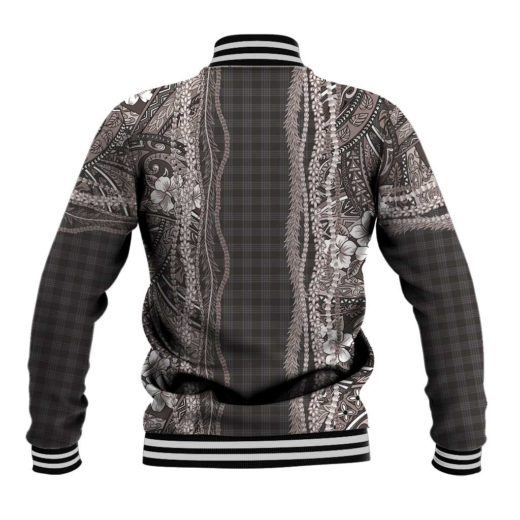 Hawaiian Art Flower Tribal with Lei Baseball Jacket Palaka Pattern Grayscale LT03 - Polynesian Pride