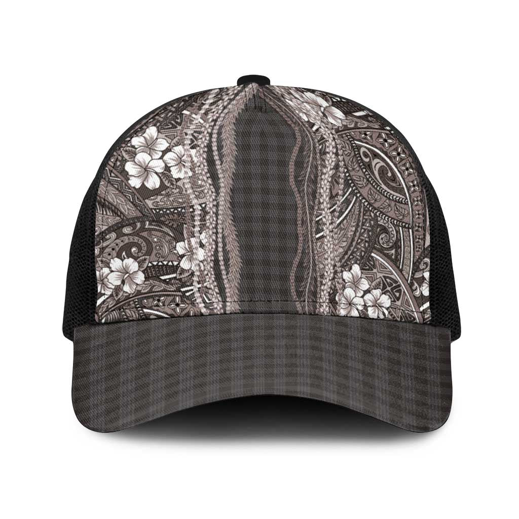 Hawaiian Art Flower Tribal with Lei Baseball Net Cap Palaka Pattern Grayscale LT03 One Size Black Gray - Polynesian Pride
