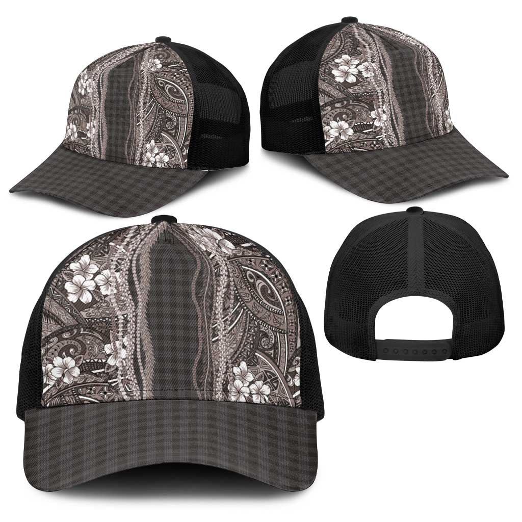 Hawaiian Art Flower Tribal with Lei Baseball Net Cap Palaka Pattern Grayscale LT03 - Polynesian Pride