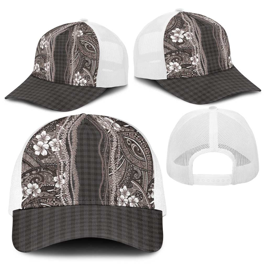 Hawaiian Art Flower Tribal with Lei Baseball Net Cap Palaka Pattern Grayscale LT03 - Polynesian Pride