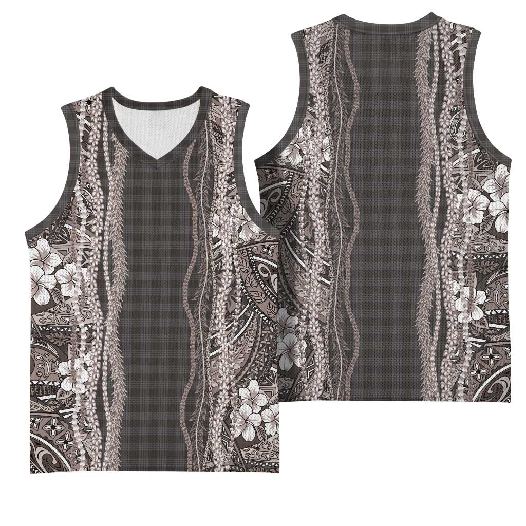 Hawaiian Art Flower Tribal with Lei Basketball Jersey Palaka Pattern Grayscale LT03 - Polynesian Pride