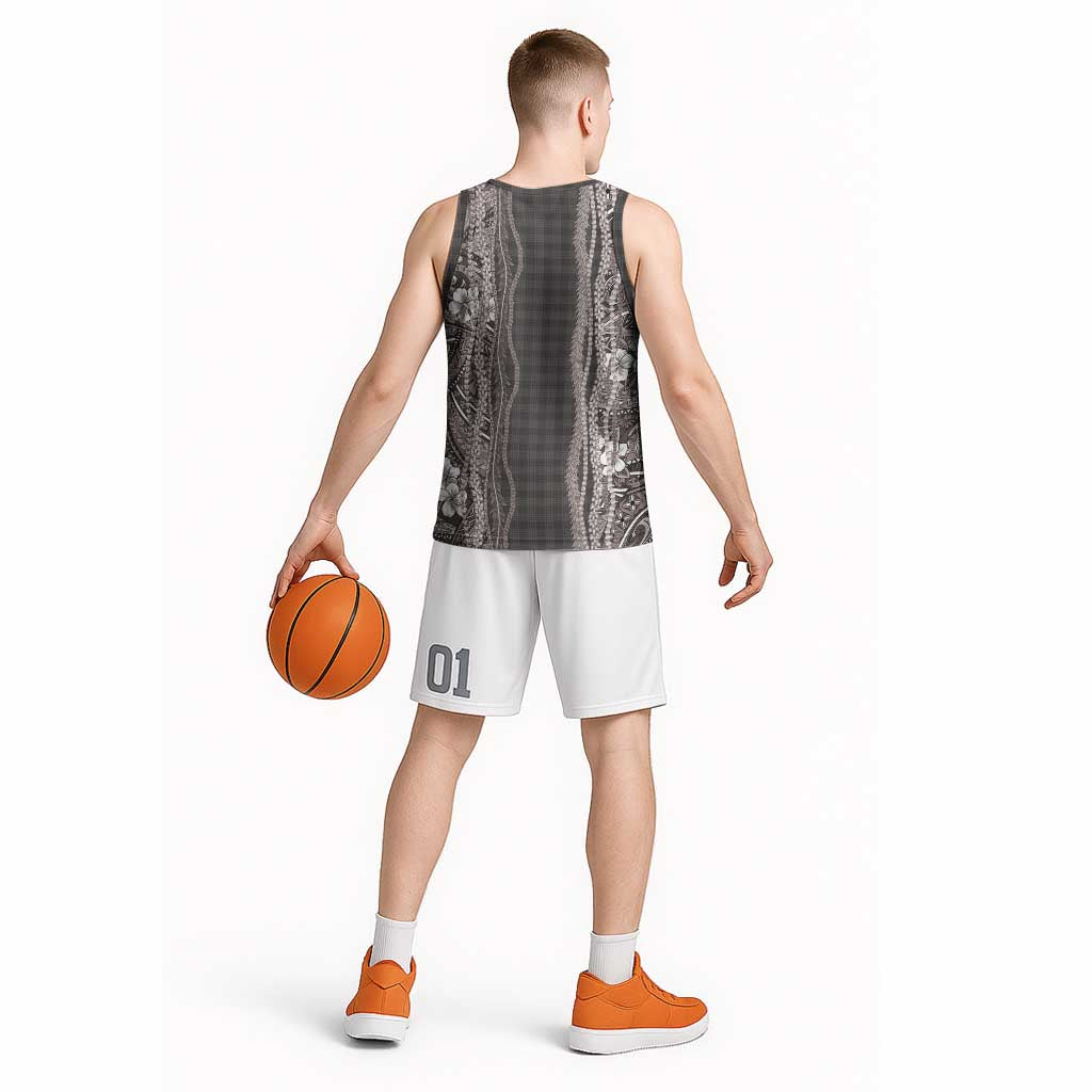 Hawaiian Art Flower Tribal with Lei Basketball Jersey Palaka Pattern Grayscale LT03 - Polynesian Pride