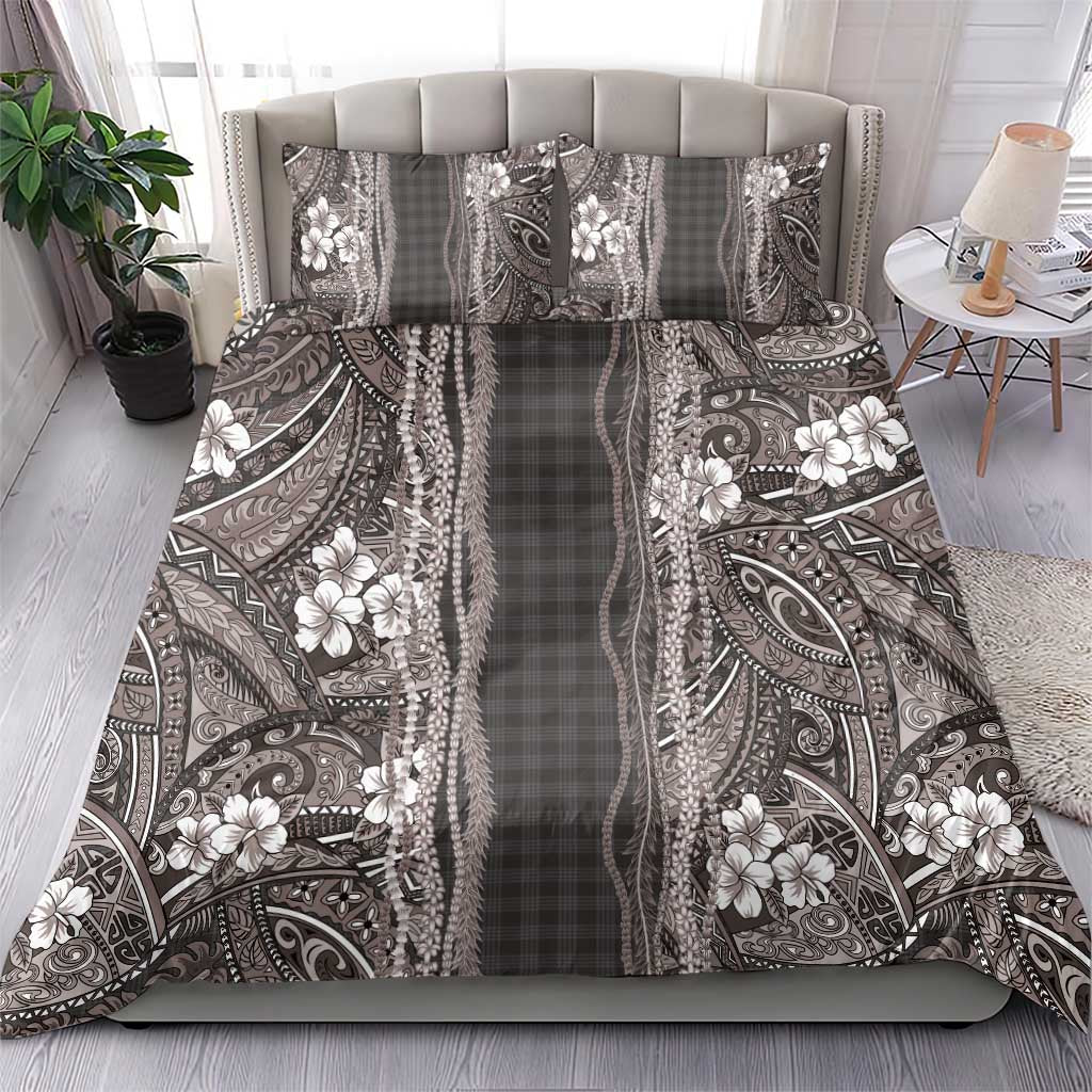 Hawaiian Art Flower Tribal with Lei Bedding Set Palaka Pattern Grayscale - Polynesian Pride