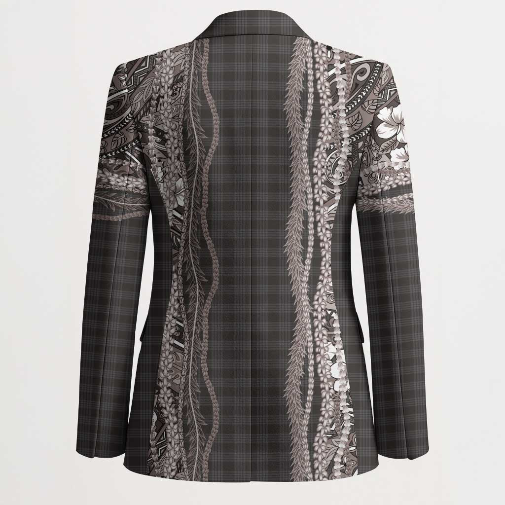 Hawaiian Art Flower Tribal with Lei Blazer Palaka Pattern Grayscale - Polynesian Pride