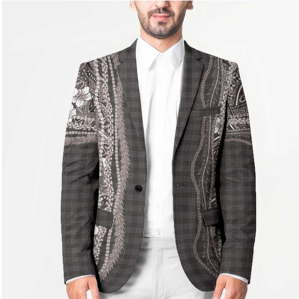 Hawaiian Art Flower Tribal with Lei Blazer Palaka Pattern Grayscale - Polynesian Pride