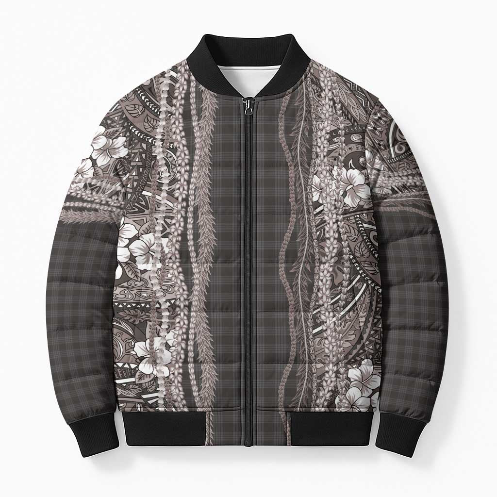 Hawaiian Art Flower Tribal with Lei Bomber Puffer Jacket Palaka Pattern Grayscale LT03 Unisex Gray - Polynesian Pride