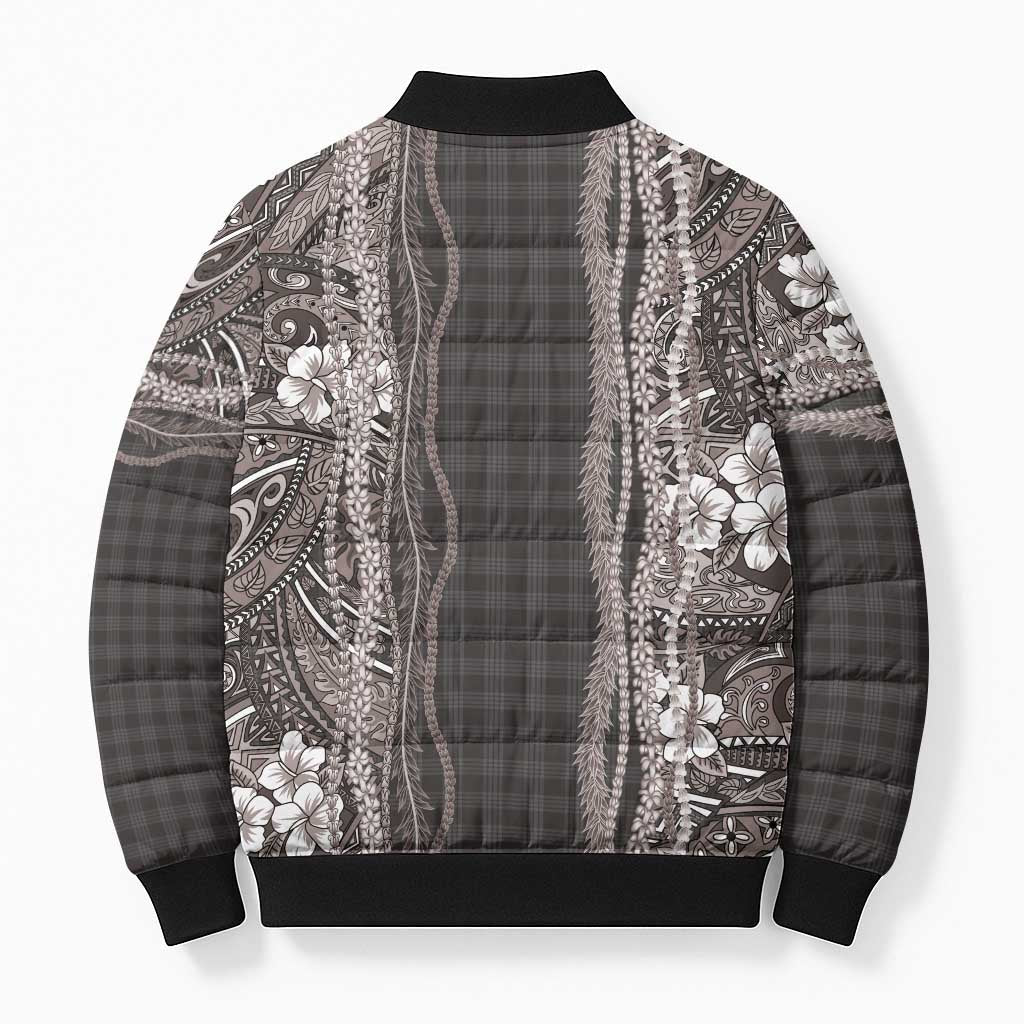 Hawaiian Art Flower Tribal with Lei Bomber Puffer Jacket Palaka Pattern Grayscale LT03 - Polynesian Pride