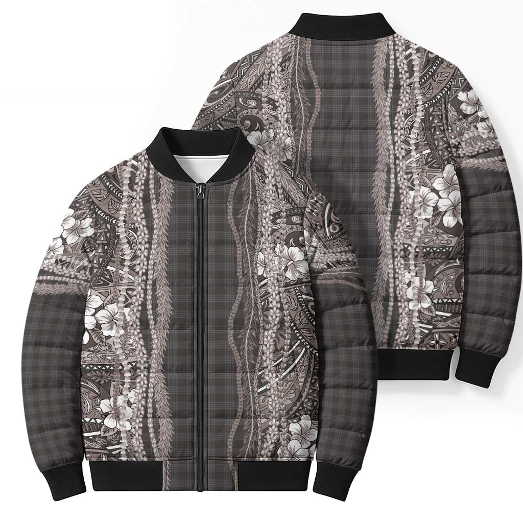 Hawaiian Art Flower Tribal with Lei Bomber Puffer Jacket Palaka Pattern Grayscale LT03 - Polynesian Pride