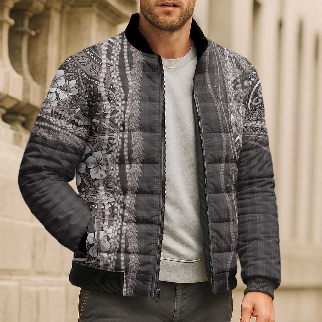 Hawaiian Art Flower Tribal with Lei Bomber Puffer Jacket Palaka Pattern Grayscale LT03 - Polynesian Pride