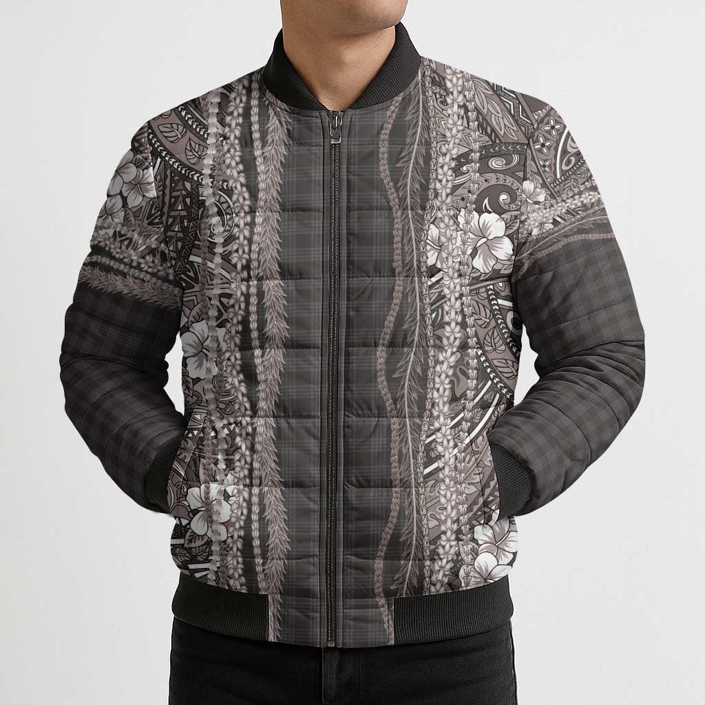 Hawaiian Art Flower Tribal with Lei Bomber Puffer Jacket Palaka Pattern Grayscale LT03 - Polynesian Pride