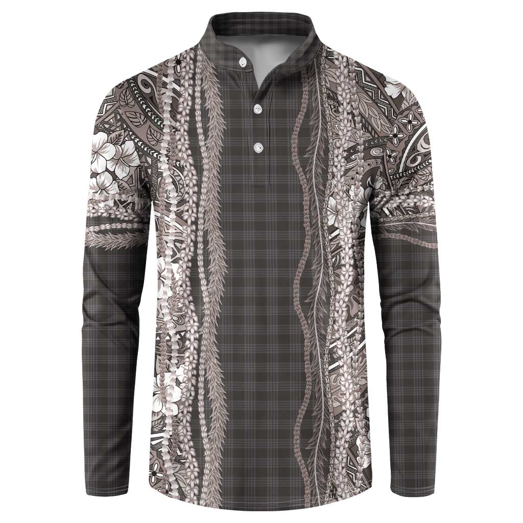 Hawaiian Art Flower Tribal with Lei Button Sweatshirt Palaka Pattern Grayscale LT03 Gray - Polynesian Pride