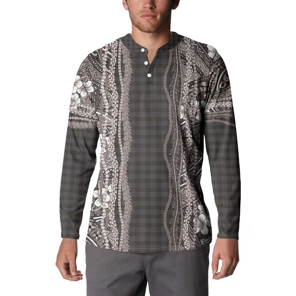 Hawaiian Art Flower Tribal with Lei Button Sweatshirt Palaka Pattern Grayscale LT03 - Polynesian Pride