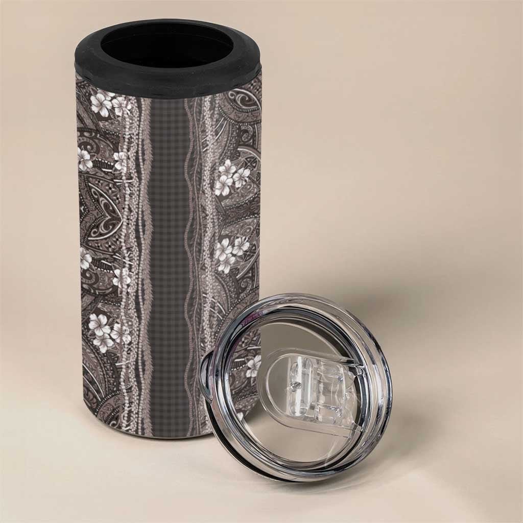 Hawaiian Art Flower Tribal with Lei 4 in 1 Can Cooler Tumbler Palaka Pattern Grayscale - Polynesian Pride