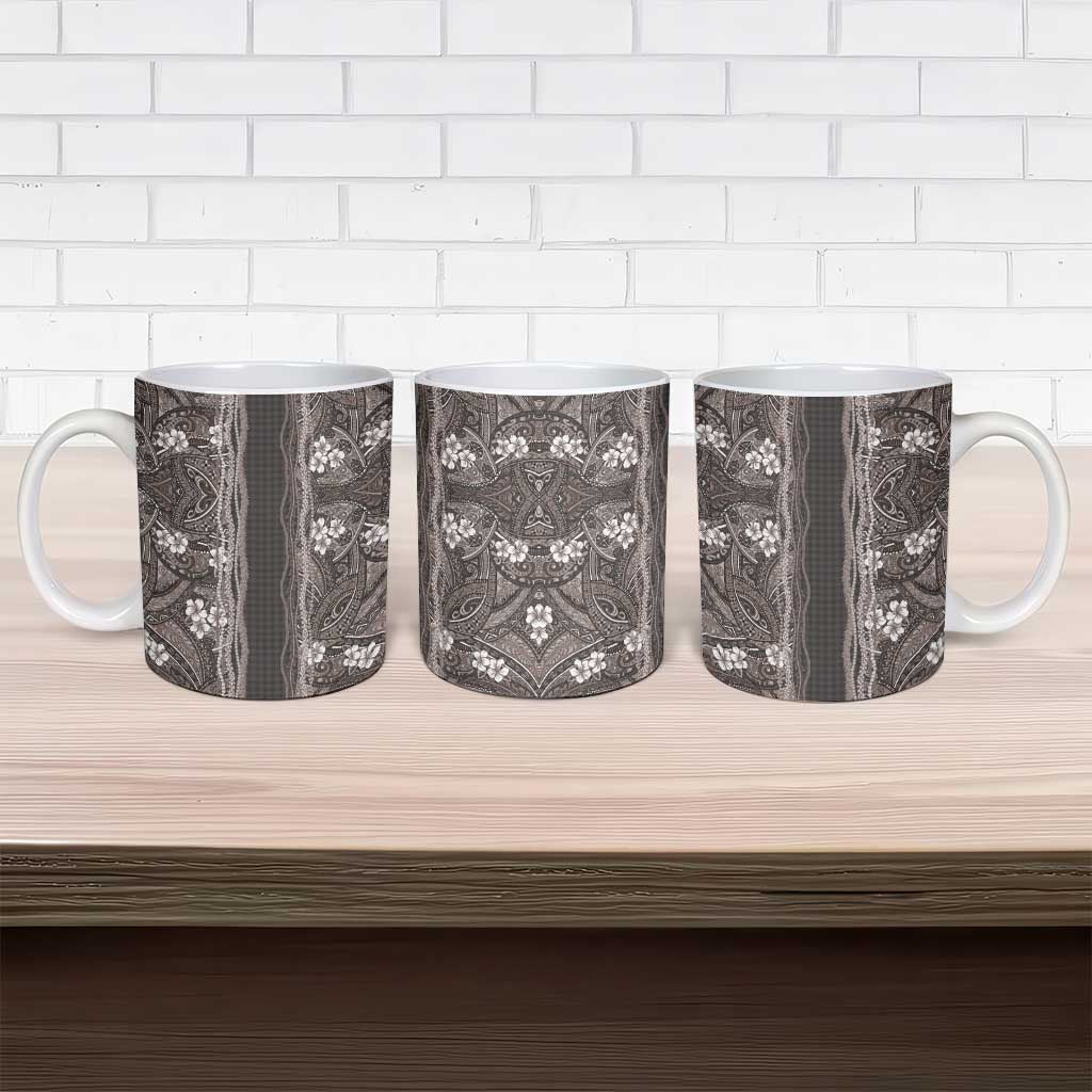 Hawaiian Art Flower Tribal with Lei Ceramic Mug Palaka Pattern Grayscale LT03 - Polynesian Pride