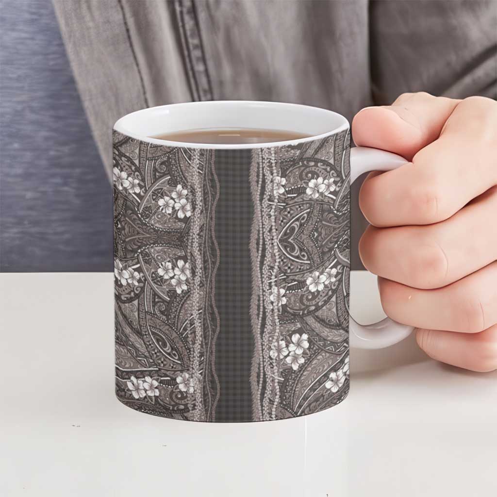 Hawaiian Art Flower Tribal with Lei Ceramic Mug Palaka Pattern Grayscale LT03 - Polynesian Pride