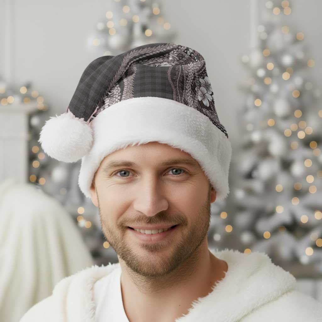 Hawaiian Art Flower Tribal with Lei Christmas Santa Hat Palaka Pattern Grayscale - Polynesian Pride