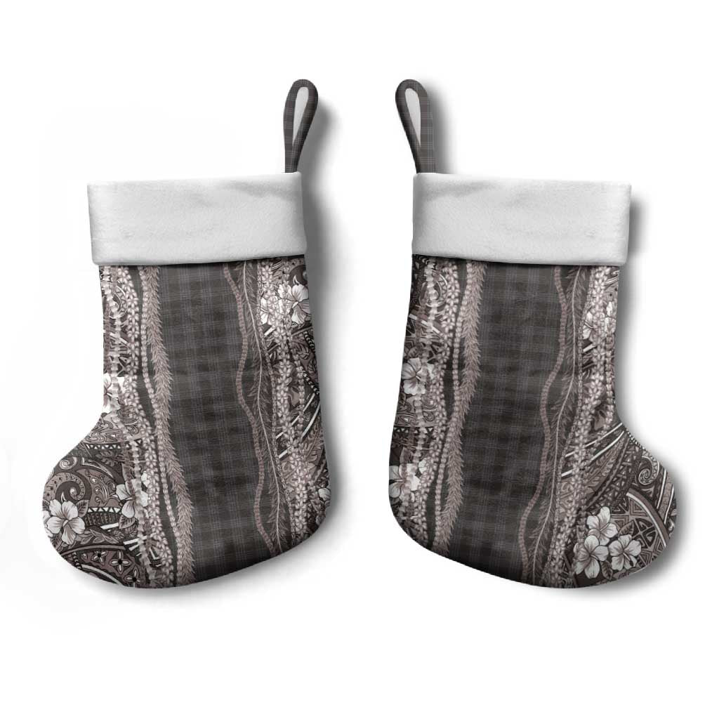 Hawaiian Art Flower Tribal with Lei Christmas Stocking Palaka Pattern Grayscale - Polynesian Pride