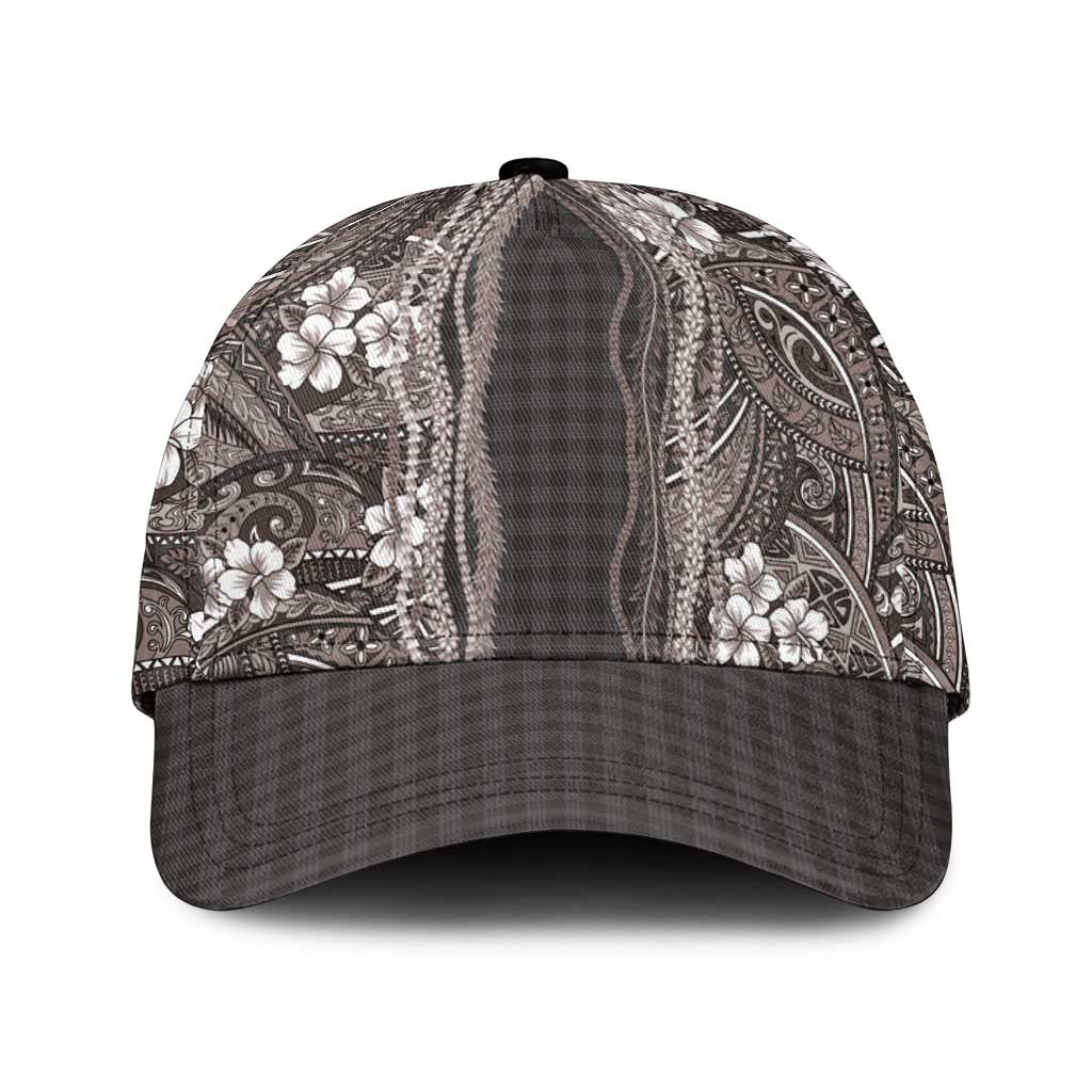 Hawaiian Art Flower Tribal with Lei Classic Cap Palaka Pattern Grayscale LT03 Universal Fit Gray - Polynesian Pride