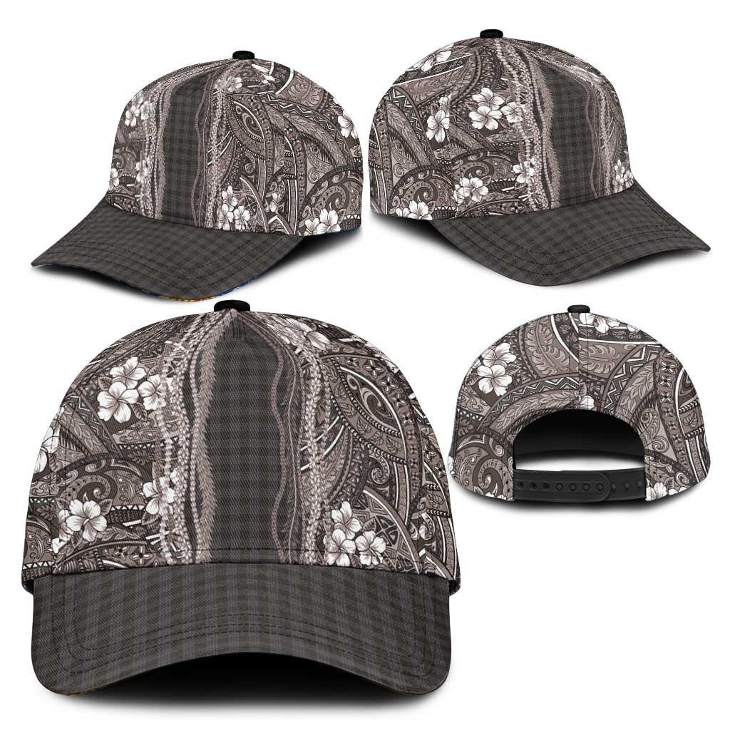 Hawaiian Art Flower Tribal with Lei Classic Cap Palaka Pattern Grayscale LT03 - Polynesian Pride