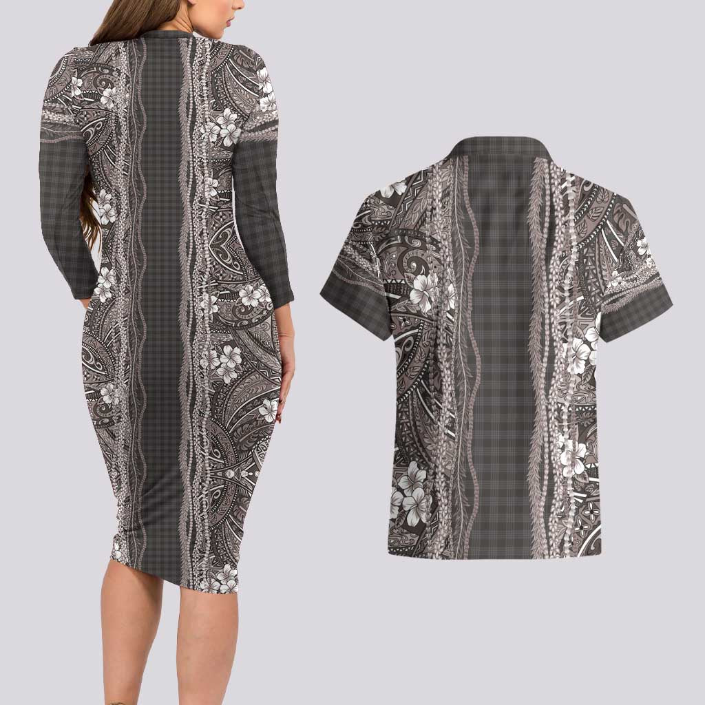 Hawaiian Art Flower Tribal with Lei Couples Matching Long Sleeve Bodycon Dress and Hawaiian Shirt Palaka Pattern Grayscale - Polynesian Pride