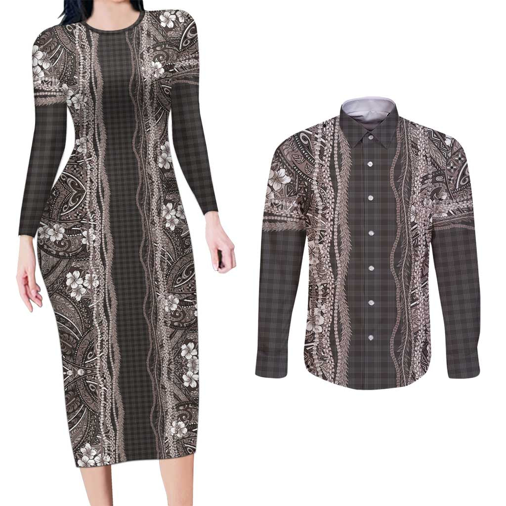 Hawaiian Art Flower Tribal with Lei Couples Matching Long Sleeve Bodycon Dress and Long Sleeve Button Shirt Palaka Pattern Grayscale - Polynesian Pride