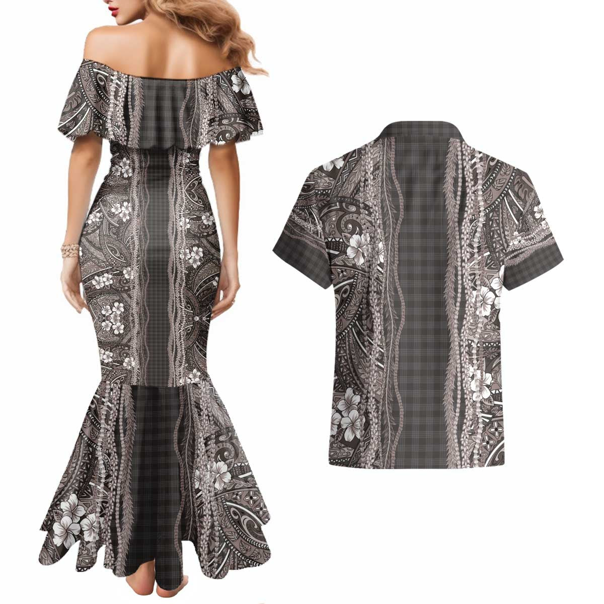 Hawaiian Art Flower Tribal with Lei Couples Matching Mermaid Dress and Hawaiian Shirt Palaka Pattern Grayscale - Polynesian Pride