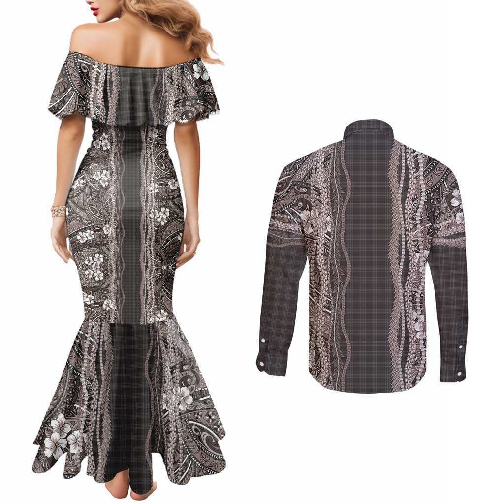Hawaiian Art Flower Tribal with Lei Couples Matching Mermaid Dress and Long Sleeve Button Shirt Palaka Pattern Grayscale - Polynesian Pride