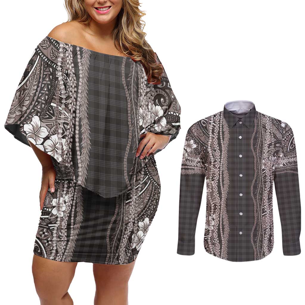 Hawaiian Art Flower Tribal with Lei Couples Matching Off Shoulder Short Dress and Long Sleeve Button Shirt Palaka Pattern Grayscale - Polynesian Pride