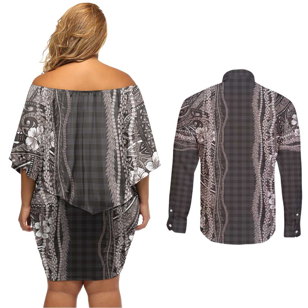 Hawaiian Art Flower Tribal with Lei Couples Matching Off Shoulder Short Dress and Long Sleeve Button Shirt Palaka Pattern Grayscale - Polynesian Pride