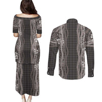 Hawaiian Art Flower Tribal with Lei Couples Matching Puletasi and Long Sleeve Button Shirt Palaka Pattern Grayscale LT03 - Polynesian Pride