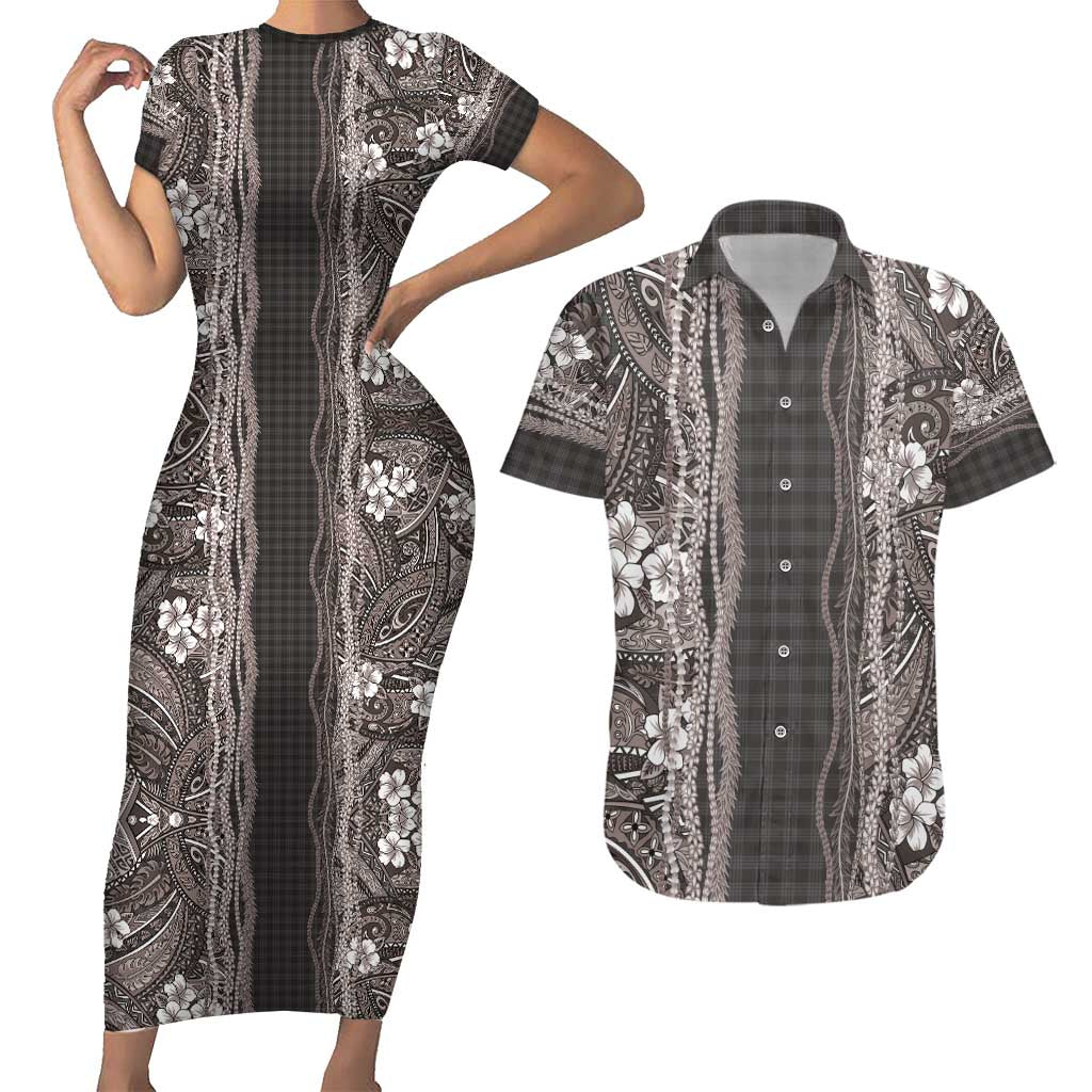Hawaiian Art Flower Tribal with Lei Couples Matching Short Sleeve Bodycon Dress and Hawaiian Shirt Palaka Pattern Grayscale - Polynesian Pride