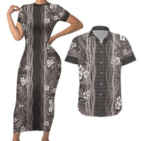 Hawaiian Art Flower Tribal with Lei Couples Matching Short Sleeve Bodycon Dress and Hawaiian Shirt Palaka Pattern Grayscale - Polynesian Pride