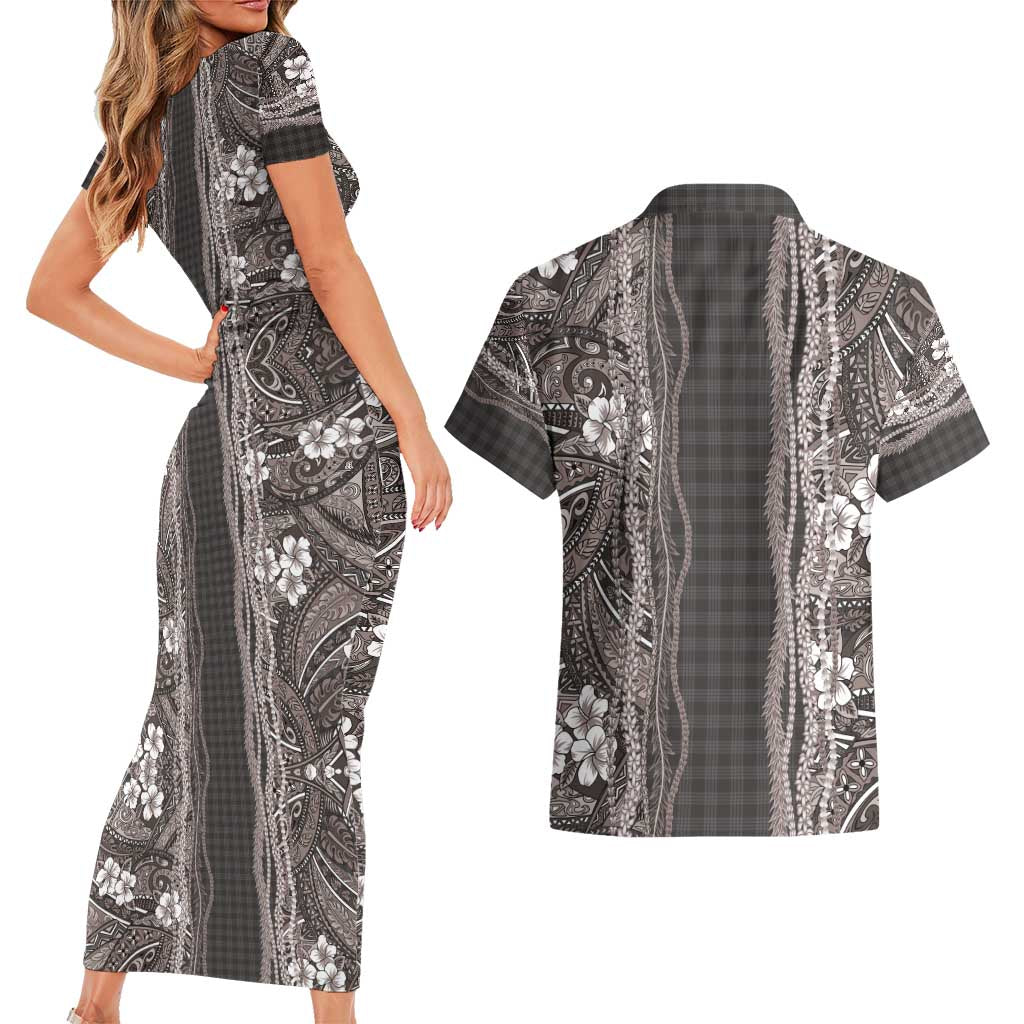 Hawaiian Art Flower Tribal with Lei Couples Matching Short Sleeve Bodycon Dress and Hawaiian Shirt Palaka Pattern Grayscale - Polynesian Pride