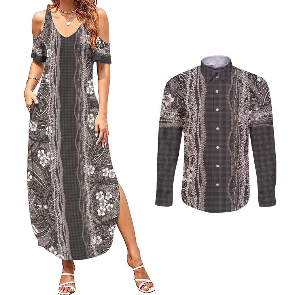 Hawaiian Art Flower Tribal with Lei Couples Matching Summer Maxi Dress and Long Sleeve Button Shirt Palaka Pattern Grayscale - Polynesian Pride