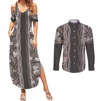 Hawaiian Art Flower Tribal with Lei Couples Matching Summer Maxi Dress and Long Sleeve Button Shirt Palaka Pattern Grayscale - Polynesian Pride