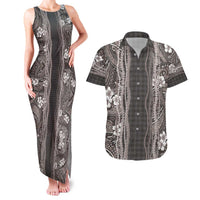 Hawaiian Art Flower Tribal with Lei Couples Matching Tank Maxi Dress and Hawaiian Shirt Palaka Pattern Grayscale - Polynesian Pride