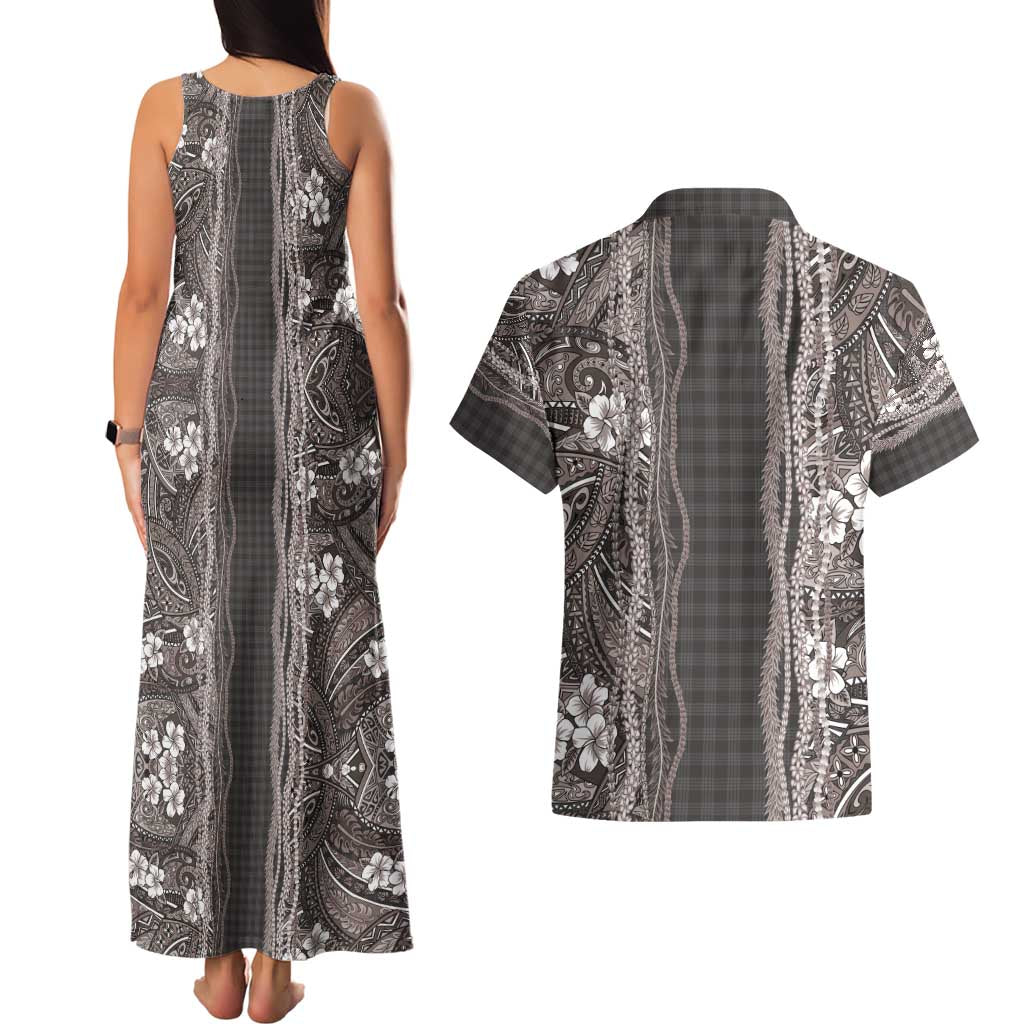 Hawaiian Art Flower Tribal with Lei Couples Matching Tank Maxi Dress and Hawaiian Shirt Palaka Pattern Grayscale - Polynesian Pride