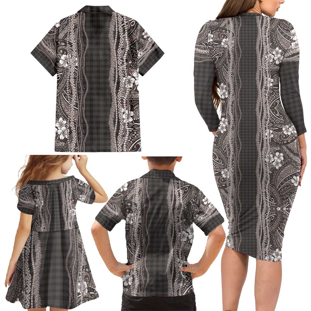 Hawaiian Art Flower Tribal with Lei Family Matching Long Sleeve Bodycon Dress and Hawaiian Shirt Palaka Pattern Grayscale - Polynesian Pride