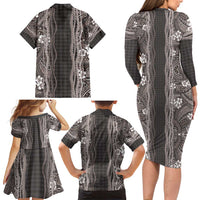 Hawaiian Art Flower Tribal with Lei Family Matching Long Sleeve Bodycon Dress and Hawaiian Shirt Palaka Pattern Grayscale - Polynesian Pride